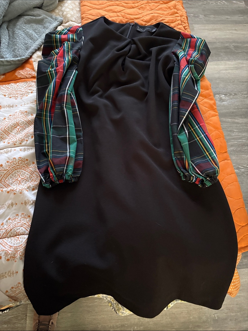 New York & Company Black Shift Dress with Multicolor Plaid Puff Sleeves